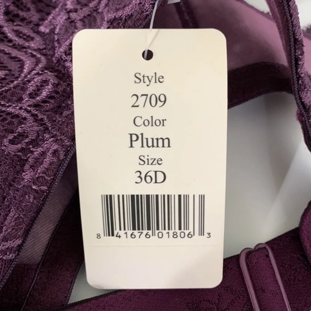 Elila purple/plum color lace underwire bra.  Size 36D. ‎ Adjustable straps.  New